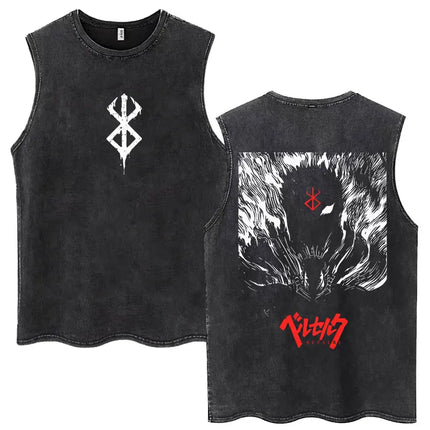 Anime Berserk Guts Washed Harajuku Tank Tops Retro Manga Gatsu Griffith Zodd Sleeveless T Shirts Unisex Cotton Oversized T-Shirt