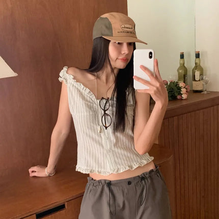 Korean Sle ort Striped Vest Women Summer Outerwear Subtle Design Single Button Lobone Trendy Age-Defng Top