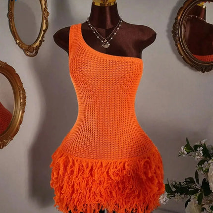 2026 Y2K TikTok Hot One Shoulder Crochet Dress Orange Fringe Bodycon Mini Dress for Vacation Party Clubwear