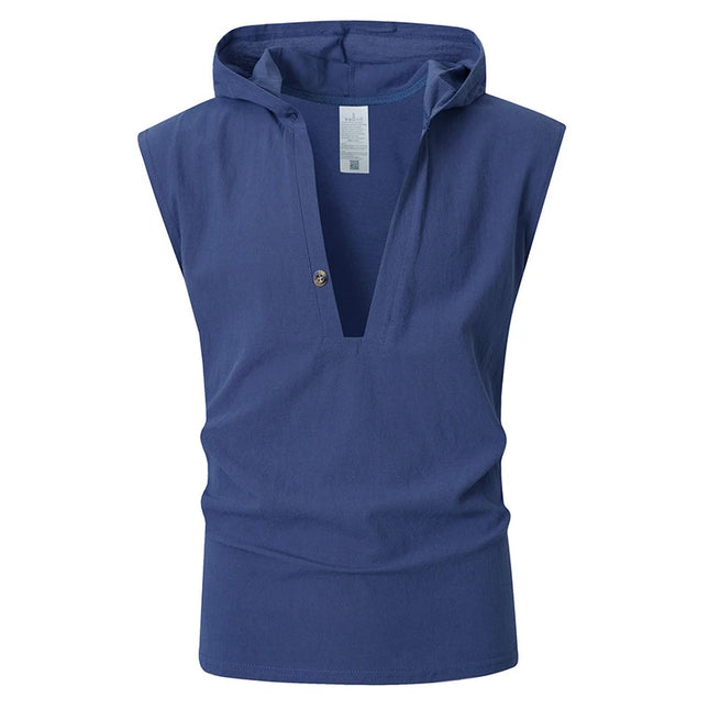 2026 New Men Sleeveless Hooded Tank Top Casual V Neck Button Shirt Summer Daily Beach Travel Vacation Loose Fit Tee
