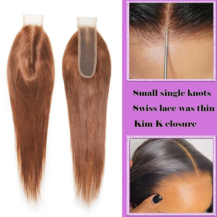 #30 Brown Straight 2x6 Human Hair Lace Closure Long Deep Parting Brazilian Virgin Hair 10-22 Inch 150% Density Full End