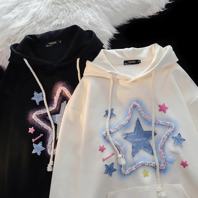 Spring And Autumn Star Print Milk Apricot Color Hooded Coat Street Harajuku Outerwear ﻿Vintage Star Print Drawstring Hoodies