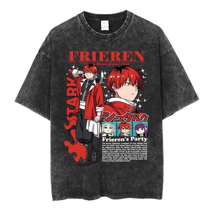 Anime Frieren: Beyond Journey's End Graphic Washed Vintage T-shirt Men's Women Fashion Short Sleeve Cotton Casual Loose T Shirts