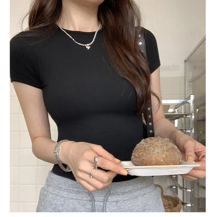 American style spicy girl shoulder T-shirt for women in summer 2025, tight fitting and slimming short top, basic elastic short s