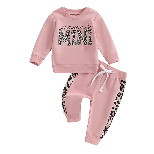 2 Pcs Toddler Baby Girl Spring Fall Clothes Letter/Leopard Print Long Sleeve Pullover Tops Pocket Pants Casual Outfit