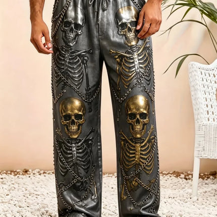 Men's skull print casual pants, loose and breathable drawstring style, for trendy and cool vacation items in multiple scenes