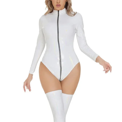 Women Sexy Party Skinny Patent Leather Bodysuit Without Trousers Legs Jumpsuit Female Front Zipper Open Crotch Cardigan Rompers