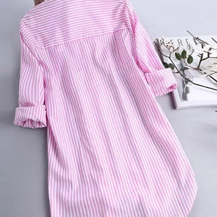 Plus Size Women's Fashion Striped Lapel Single Breasted Blouse Shirt Autumn Spring Ladies Casual Loose Long Sleeve Button Shirt
