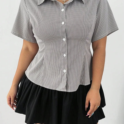 Plus Size Big Summer Women's Street Style Pattern Short Sleeve Shirt Short Sleeve Regular Striped Single Breasted Shirt