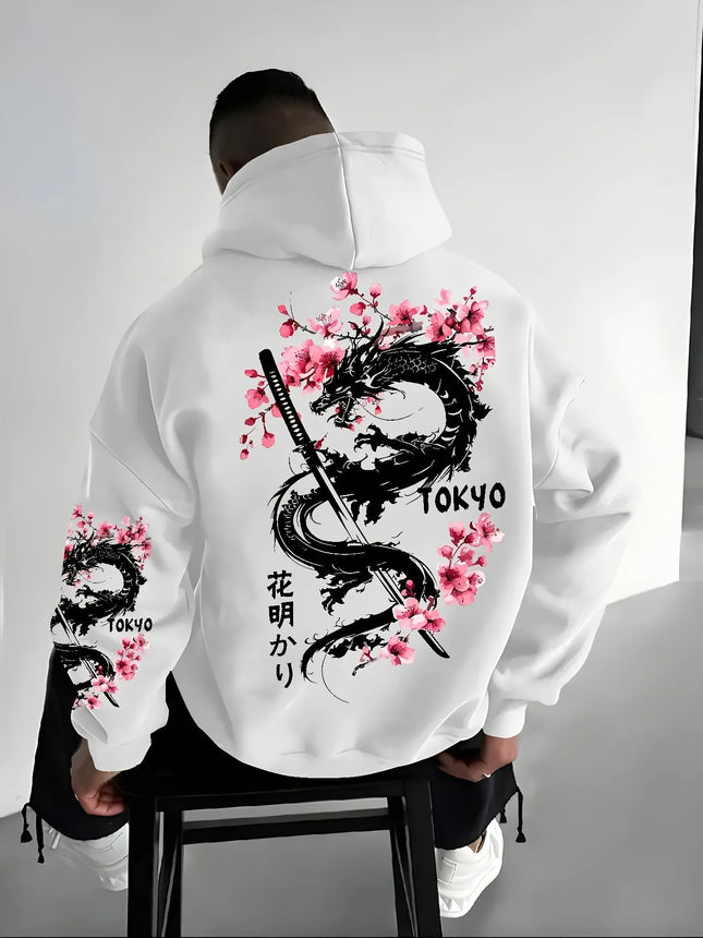 Japan Men Women Anime Dragon Sakura Print Hoodie Street Harajuku Y2K Sports Casual Loose Autumn Winter Warm Sweatshirt Clothing