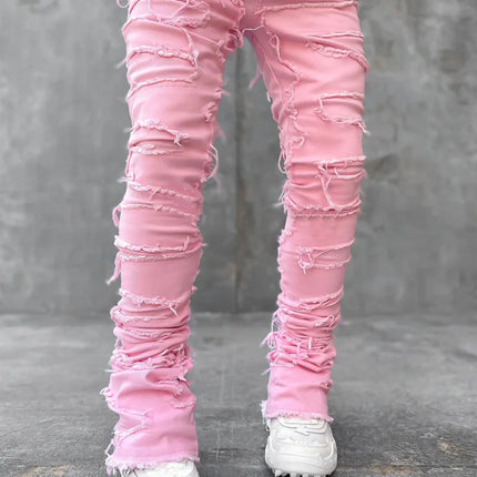 Men's Regular Fit Stacked Jeans Ripped Slim Fit Patch Distressed Destroyed Straight Denim Pants Hip Hop Streetwear Trouser Cloth