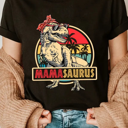 Funny MamaSaurus T-Rex Dinosaur Mom T-Shirt Retro Vintage Tee Soft Crew Neck Short Sleeve Shirt - Mother's Day Gifts for Women