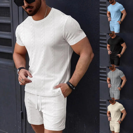 Summer men's new jacquard solid-color simple and fashionable comfortable round-neck short-sleeved short pants set