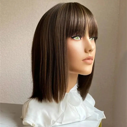Short Straight Bob with Bangs Ombre Chocolate Brown with Blonde Streaks Synthetic Lace Front Wig Heat Resistant Fibre Wig Daily