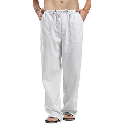Men's Linen Loose Drawstring Pants Summer Breathable Casual Solid Color Trousers Youth Fashion Street Straight Pants