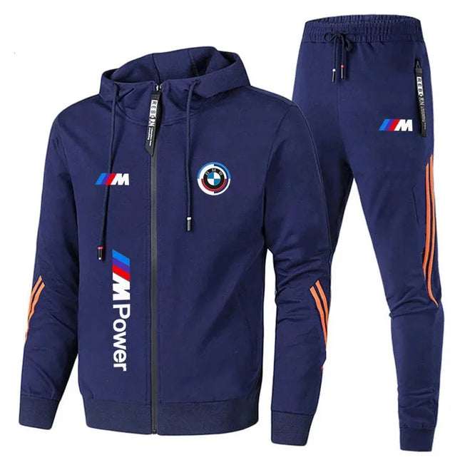 2026 BMW Men's Autumn and Winter Brand Fashion Set - Two-piece with hood and zipper long-sleeved cycling jacket, featuring a dra