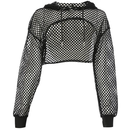 Mesh Cover Shirt Women European American Sexy Solid Color Sun Protection Hollowed Out Perspective Simple Hooded T Shirt