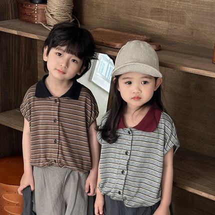 Boys and girls POLO shirt 2025 children's summer new striped short-sleeved T-shirt Mori retro tops summer 80-140cm