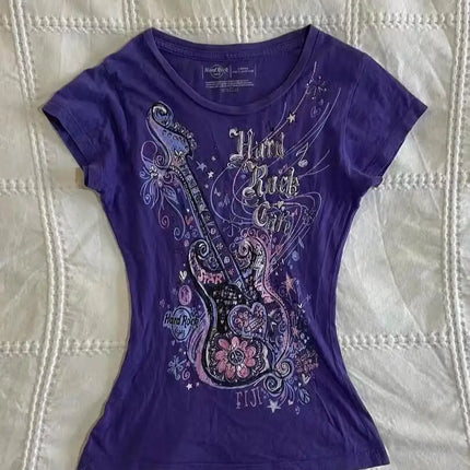 Women's Subculture Vintage Purple Print T-Shirt Summer Y2k American Retro Slim Tees Casual Harajuku Grunge Fashion Tops New