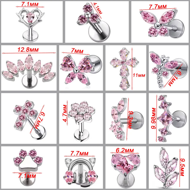High-Quality F136 Titanium Alloy Pink Zirconia Stud Earring Set Fashionable Cartilage and Lip Piercing Jewelry for Men and Women
