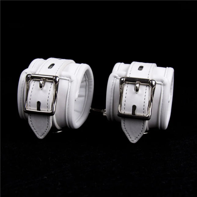 Soft Padded White BDSM Bondage Restraint Wrist Handcuffs Neck Collar Ankle Cuffs with Chain Slave Erotic Flirting Adult Sex Toys