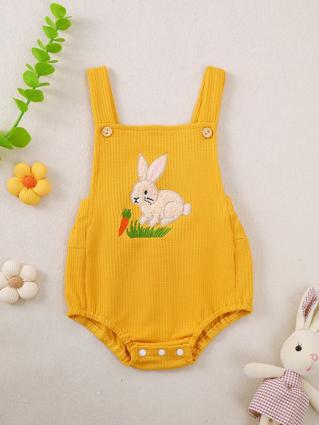 Baby Girl Romper Jumpsuit with Embroidered Rabbit And Carrot Pattern Adjustable Straps Triangle Design Infant Clothing