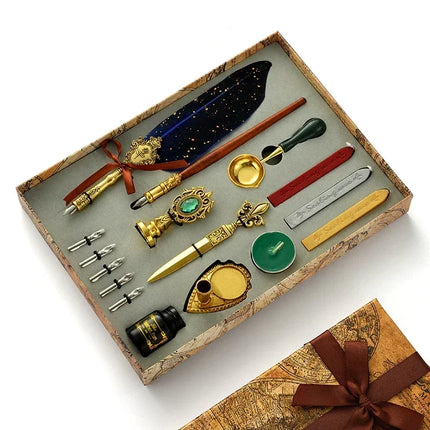 Luxury Fountain Pen Set, Retro Sprinkling Feather Pens Calligraphy Writing Dip Kit with Wax Seal Stamp & Replace Nibs, Gift Box