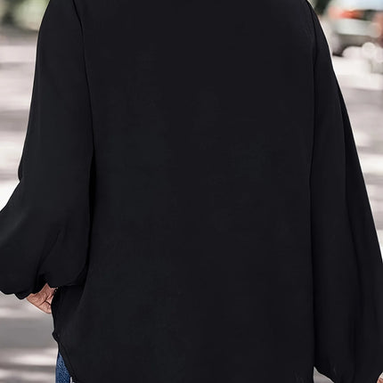 Plus Size Contrast Trim Blouse, Elegant V Neck Long Sleeve Blouse For Spring & Fall, Women's Plus Size Clothing