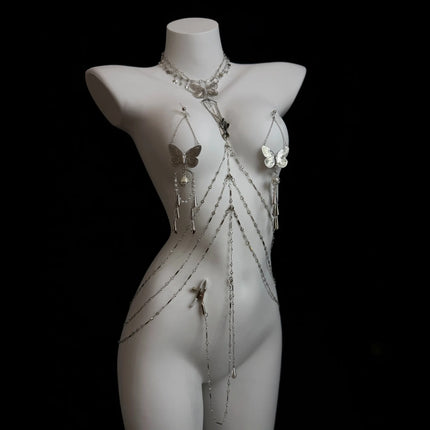 Sexy Body Chain Butterfly Nipple Clamp Breast Massager BDSM Necklace Nipple Ring Anal Plug Clitoris Clip Anal Stimulator Adults