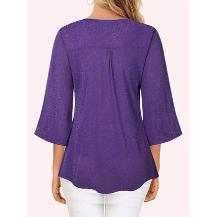 Plus Size 1XL-5XL Women's Fashionable V-neck Casual Ruffle Edge 3/4 Sleeve Loose and Comfortable Shirt