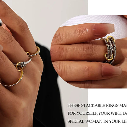 New Stainless Steel Cubic Zirconia Stackable Rings for Women 18k GoldPlating Multi-Link Connected Statement Ring Stack Jewelry