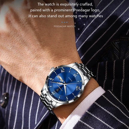POEDAGAR Luxury Man Clock Waterproof Luminous Week Date Fashion Men's Wristwatch Stainless Steel Business Quartz Watches For Men