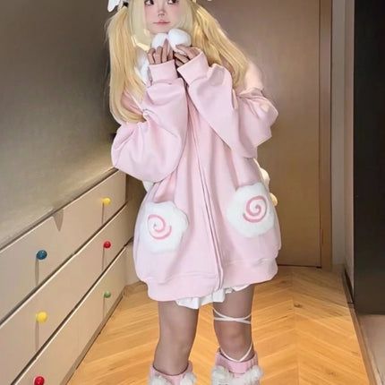 Japanese Kawaii Cartoon Embroidery Hoodies Women Cartoon Cute Pocket Loose Sweatshirt 2026 Y2k Aesthetic Casual Grunge Hoody