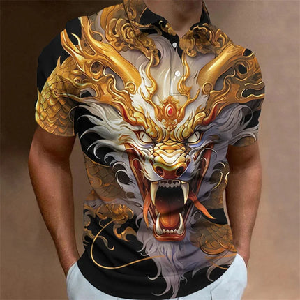 Dragon Pattern Polo Shirt For Men Animal 3D Printed T-Shirts Outdoor Fashion Casual Loose Oversized Street Lapel Top Button Tees