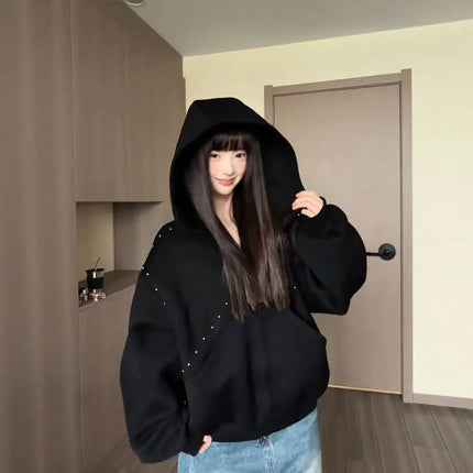 American Retro Rivet Splicing Cardigan Hooded Sweatshirt Women Fashion Loose Oversized Casual Vintage Classic Streetwear