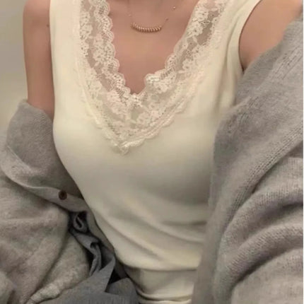 Spring Autumn Women's Slim Fit Lace Trim V-Neck Strap Vest Top Slim Inner Wear Base Layer Sweet Style Elastic Fiber