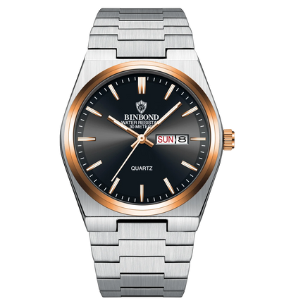 BINBOND Luxury Fashion Man Clock Top Business Waterproof Luminous Date Week Men's Watches Quartz Stainless Steel Men Wristwatch