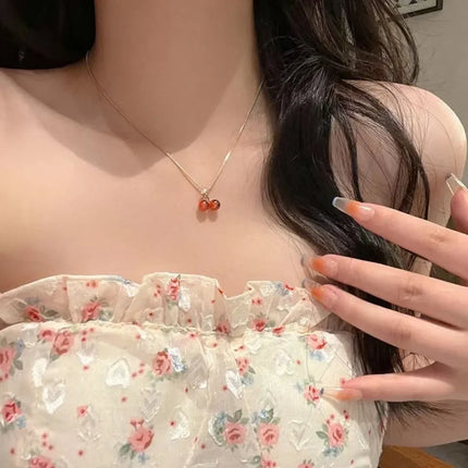 Sweet Red Cherry Pendant Necklace Dangle Stud Earrings Jewelry Set Shiny Gold Chain Zircon Women Trendy Jewelry
