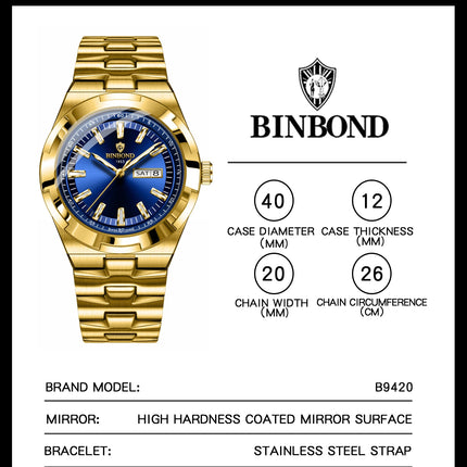 BINBOND New Luxury Quartz Men's Wristwatch Sport Men Watches Waterproof Luminous Date Week Stainless Steel Men's Watch Male Reloj