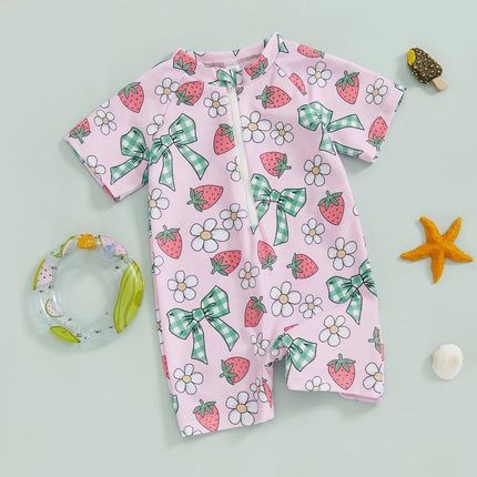 Summer Toddler Baby Girl Short Sleeve Swimwear Bathing Suit Infant Rash Guard Swimsuit Kids Cherry/Bow Print Zipper Beachwear