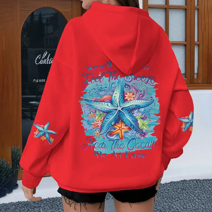 New Hawaiian Flower Print Creative Letter Hoodies Women's Long Sleeve Streetwear Ocean Beach Series Female Hoodie Gifts