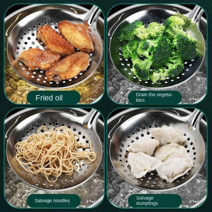 Thickened Stainless Steel Colander Filter Spoon Multifunctional Oval Oil Skimmer Scoop Long Handle Ramen Scoop Kitchen Utensils