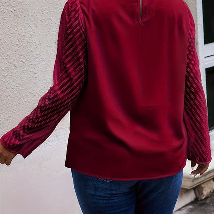 Plus Size Women's Solid Elegant Crew Neck Shirt Casual Mesh Patchwork Long Sleeved Temperament Commuting Versatile Fashion Tops