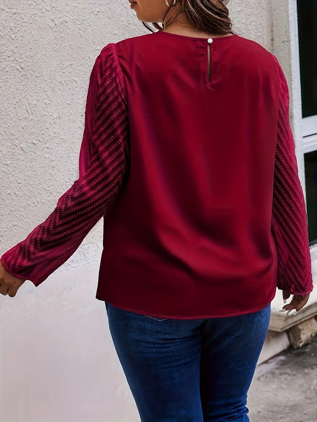 Plus Size Women's Solid Elegant Crew Neck Shirt Casual Mesh Patchwork Long-Sleeved Temperament Commuting Versatile Fashion Tops