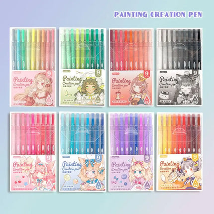 9-Colors Highlighter Set Watercolor Pen Scrapbook Marker Pen Drawing Painting Graffiti Colour Pen Art Stationery