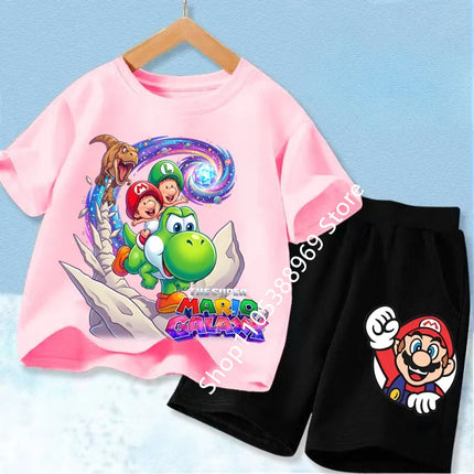 High Quality Kids 2Pcs Set Marios Cartoon Short Sleeve T-Shirt + Elastic Waist Shorts Comfortable Summer Children Clothing Suits