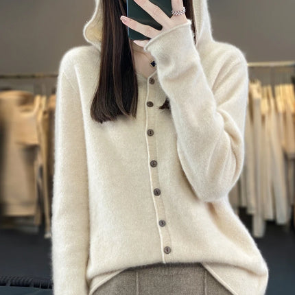 Women's Seamless Wool Hooded Cardigan Women's Autumn And Winter Loose Relaxed Long Sleeve Cashmere Knitted Large Top