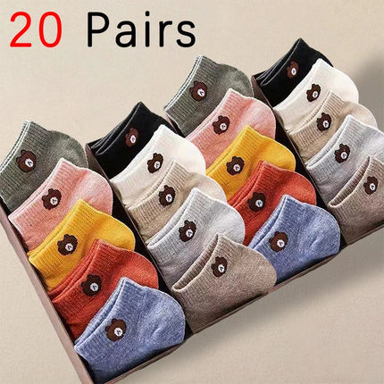 10/20/30 Pairs Women Low Tube Socks Set Cute Bear Pattern Fashion Breathable For Female Casual Style Comfortable Socks