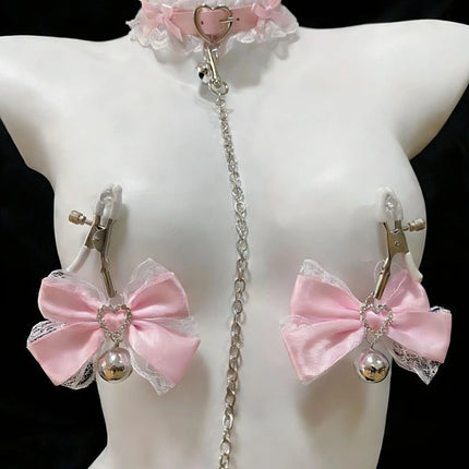 Pink Bow Bell Nipple Clamps Reast Punishment BDSM Training Erotic Collar and Chain 2 Styles To Choose From Adult Sex Toys 18+