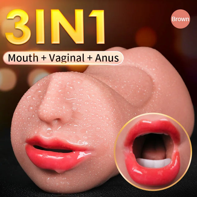 Realistic 3-IN-1 Male Masturbator - Deep Throat + Artificial Pussy + Rubber Vagina, Oral Blowjob Adult Sex Toy